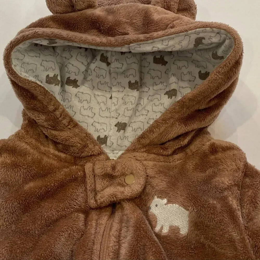 Unisex Brown Bear Fleece Outerwear, Bunting, One-Piece, Hooded Romper 6-9 Mos.